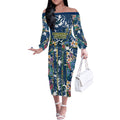 North Queensland Cowboys Off The Shoulder Long Sleeve Dress Tropical Hibiscus Floral Pattern With Blue And Yellow Accents