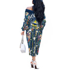 North Queensland Cowboys Off The Shoulder Long Sleeve Dress Tropical Hibiscus Floral Pattern With Blue And Yellow Accents