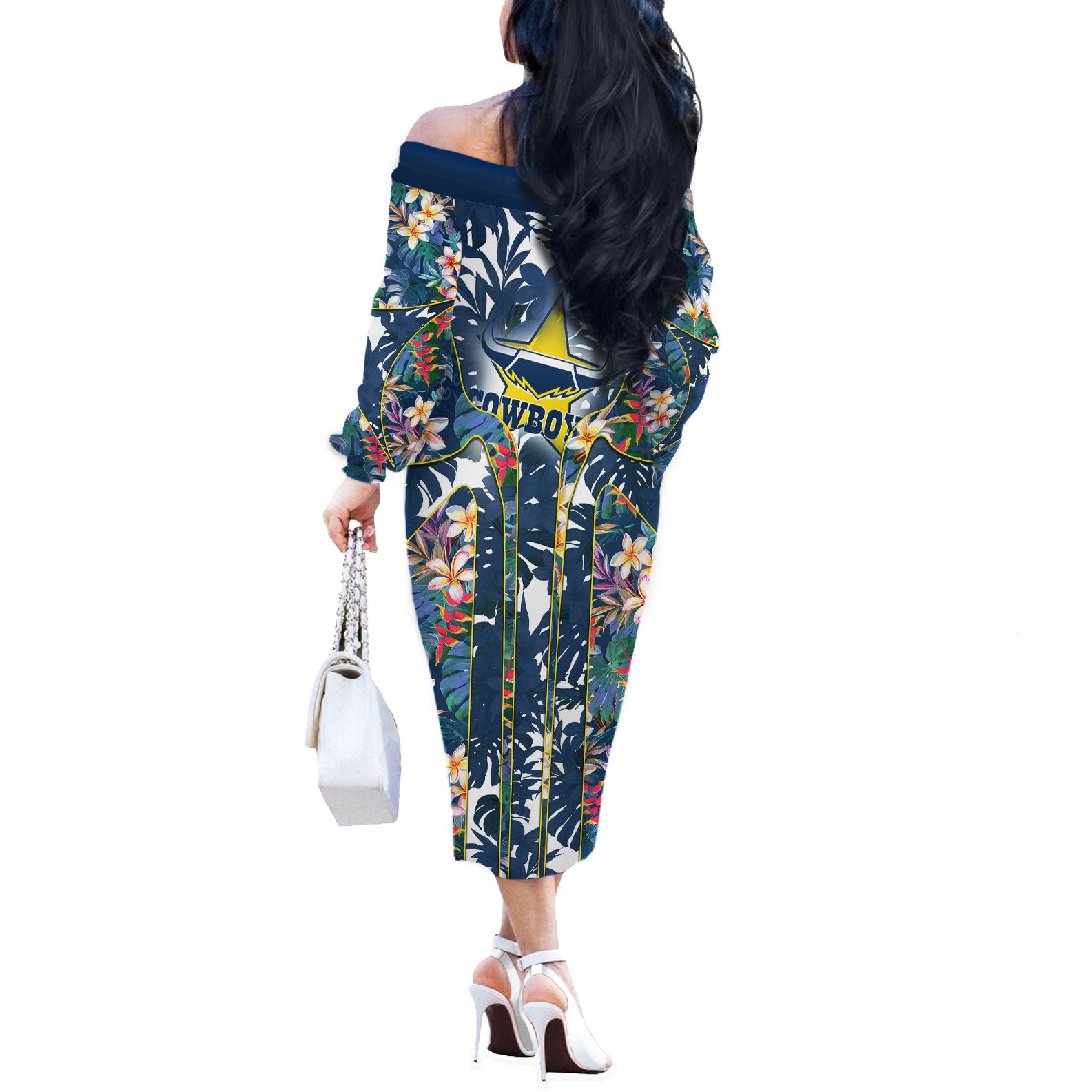 North Queensland Cowboys Off The Shoulder Long Sleeve Dress Tropical Hibiscus Floral Pattern With Blue And Yellow Accents
