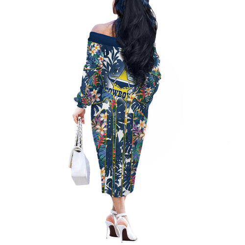 North Queensland Cowboys Off The Shoulder Long Sleeve Dress Tropical Hibiscus Floral Pattern With Blue And Yellow Accents