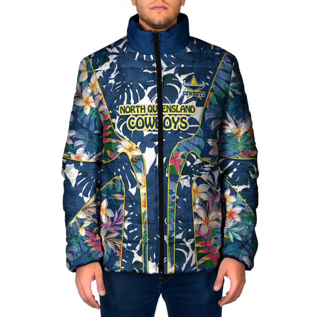North Queensland Cowboys Padded Jacket Tropical Hibiscus Floral Pattern With Blue And Yellow Accents