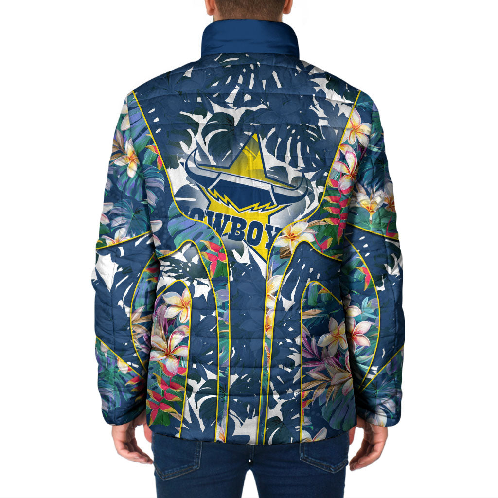 North Queensland Cowboys Padded Jacket Tropical Hibiscus Floral Pattern With Blue And Yellow Accents