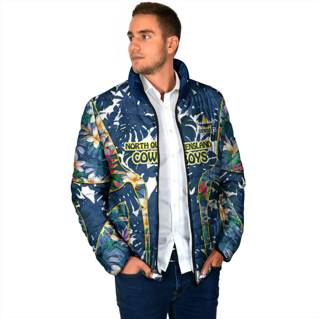 North Queensland Cowboys Padded Jacket Tropical Hibiscus Floral Pattern With Blue And Yellow Accents