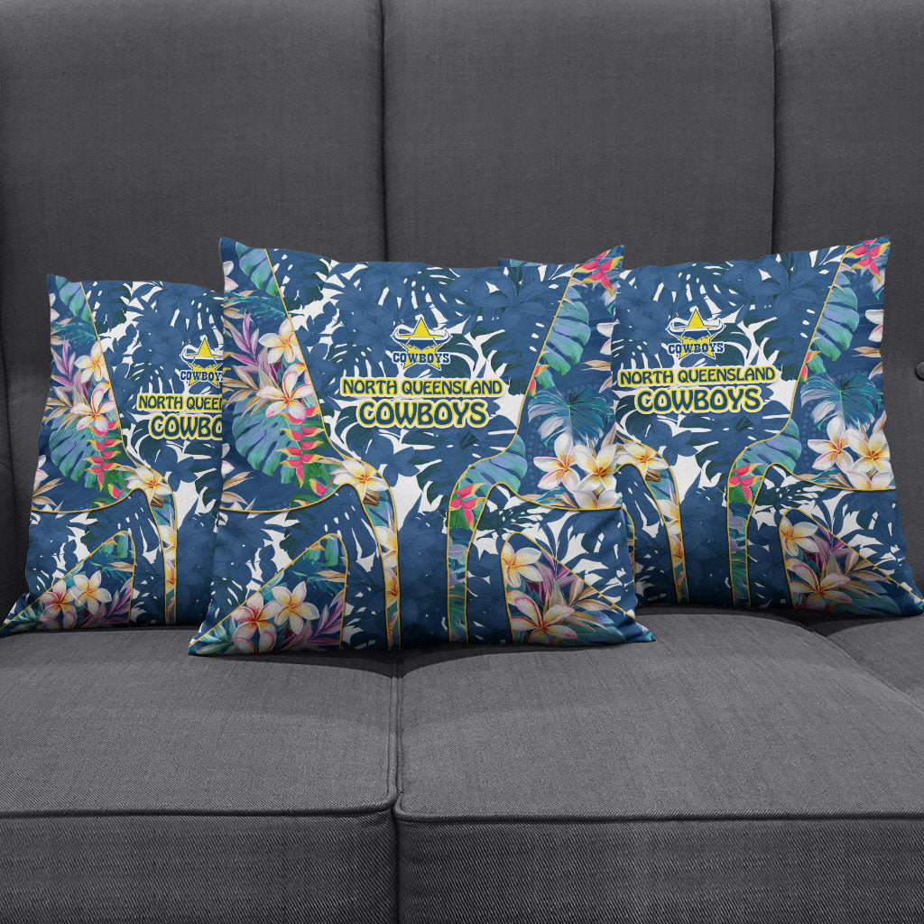 North Queensland Cowboys Pillow Cover Tropical Hibiscus Floral Pattern With Blue And Yellow Accents