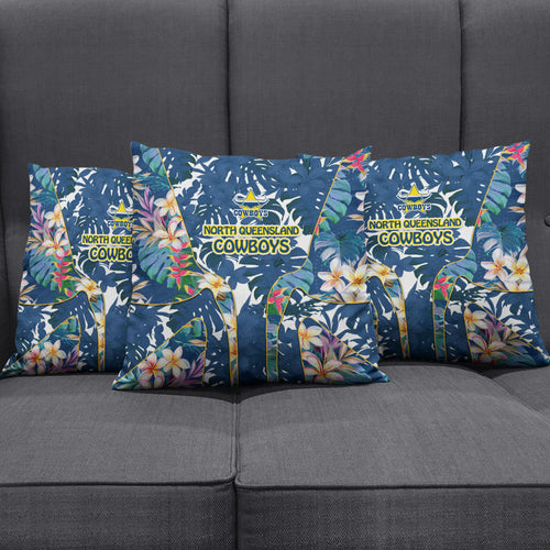 North Queensland Cowboys Pillow Cover Tropical Hibiscus Floral Pattern With Blue And Yellow Accents
