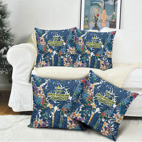 North Queensland Cowboys Pillow Cover Tropical Hibiscus Floral Pattern With Blue And Yellow Accents