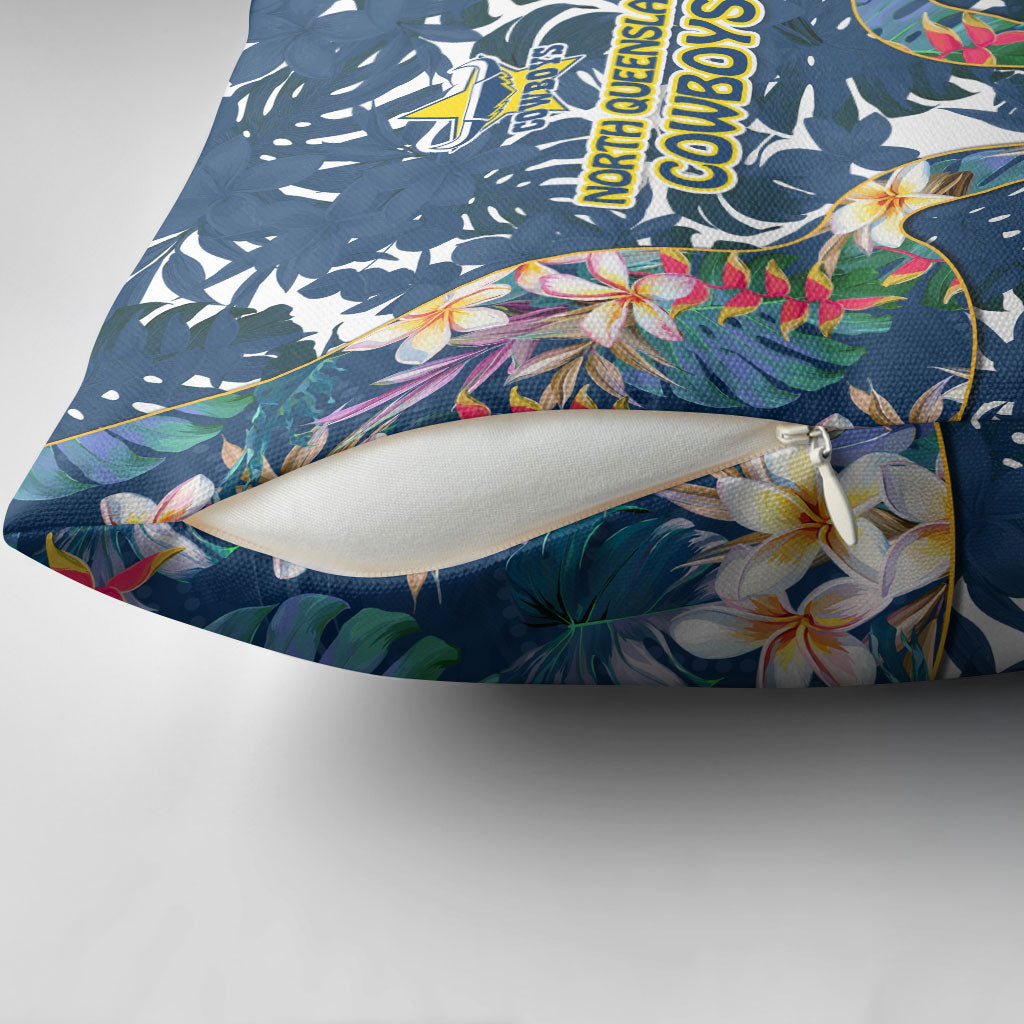 North Queensland Cowboys Pillow Cover Tropical Hibiscus Floral Pattern With Blue And Yellow Accents