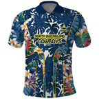 North Queensland Cowboys Polo Shirt Tropical Hibiscus Floral Pattern With Blue And Yellow Accents