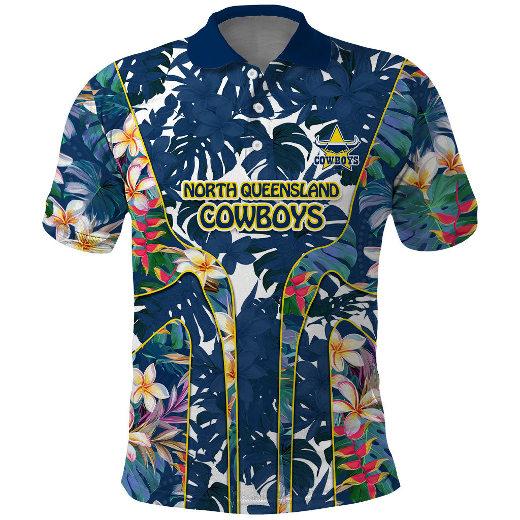 North Queensland Cowboys Polo Shirt Tropical Hibiscus Floral Pattern With Blue And Yellow Accents