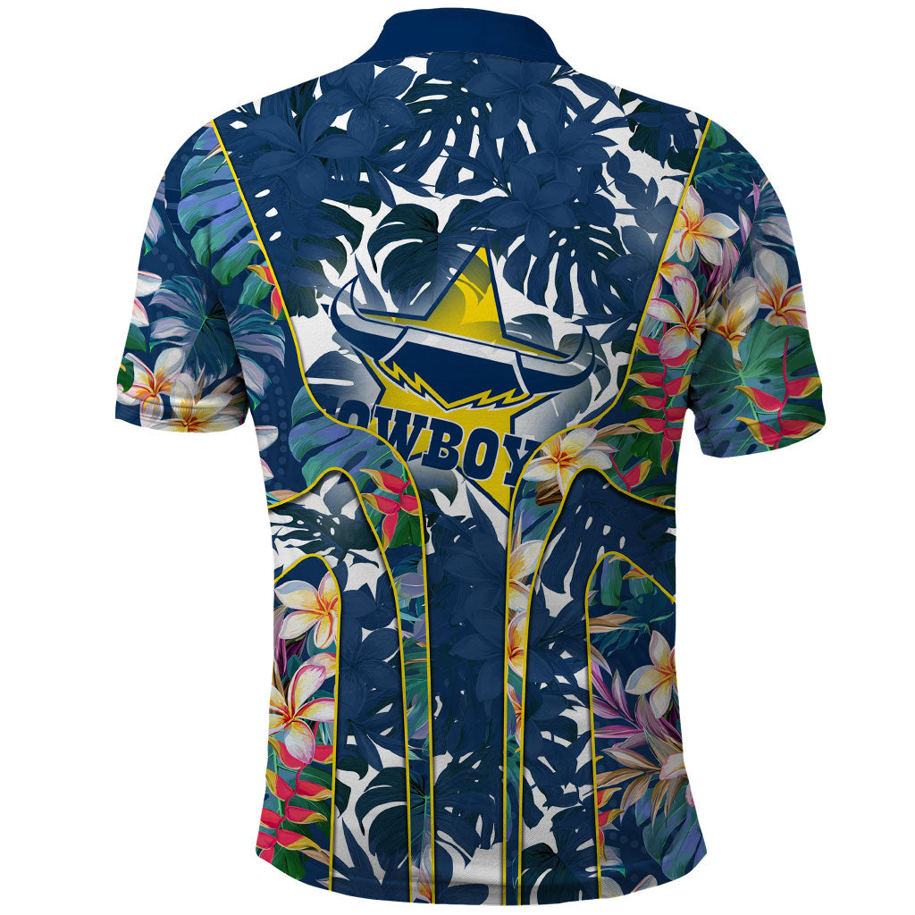 North Queensland Cowboys Polo Shirt Tropical Hibiscus Floral Pattern With Blue And Yellow Accents