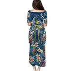 North Queensland Cowboys Puletasi Tropical Hibiscus Floral Pattern With Blue And Yellow Accents