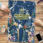 North Queensland Cowboys Puzzle Tropical Hibiscus Floral Pattern With Blue And Yellow Accents