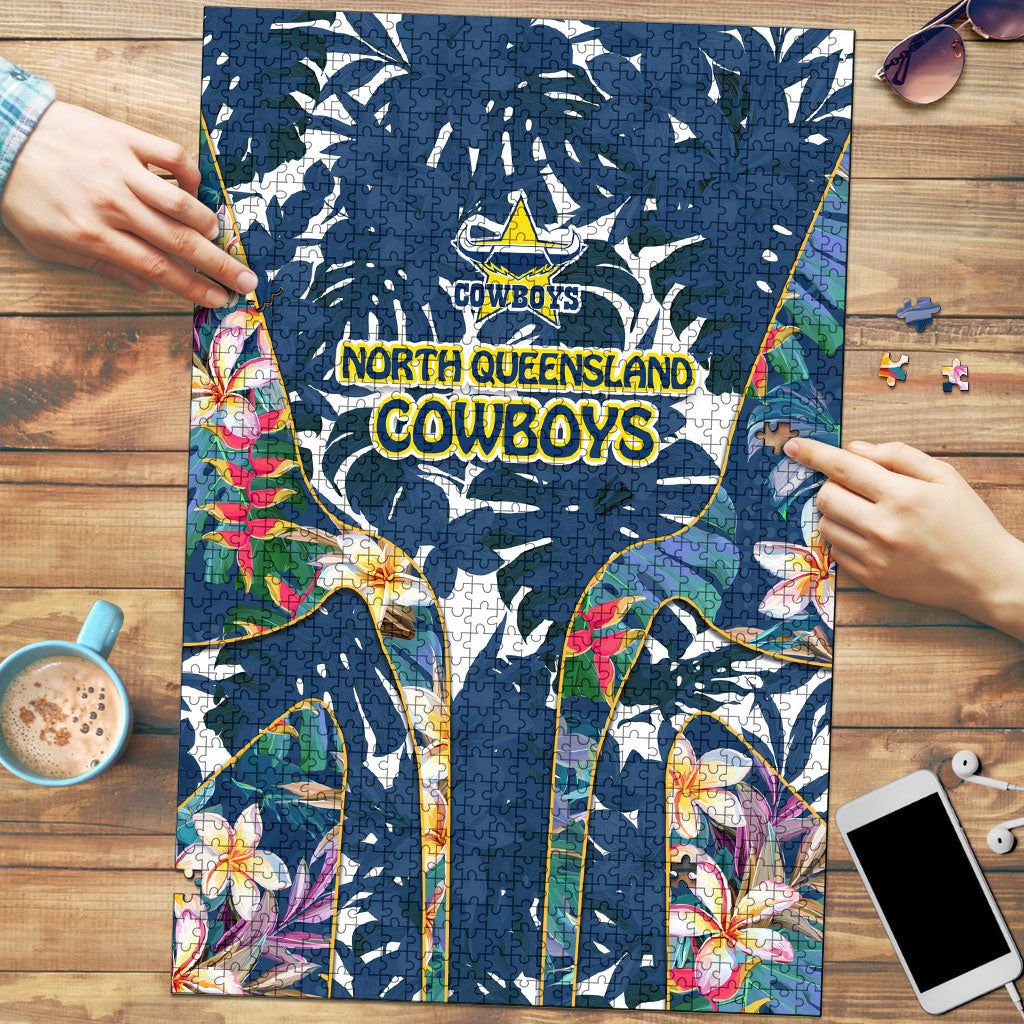 North Queensland Cowboys Puzzle Tropical Hibiscus Floral Pattern With Blue And Yellow Accents
