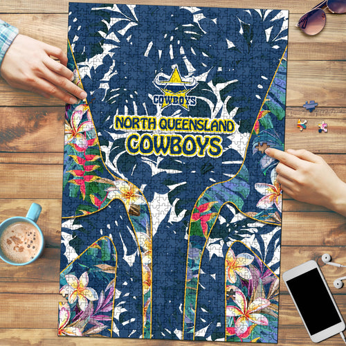 North Queensland Cowboys Puzzle Tropical Hibiscus Floral Pattern With Blue And Yellow Accents