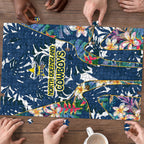 North Queensland Cowboys Puzzle Tropical Hibiscus Floral Pattern With Blue And Yellow Accents