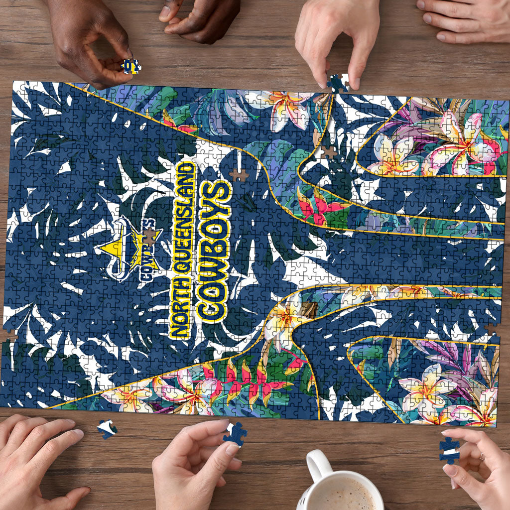 North Queensland Cowboys Puzzle Tropical Hibiscus Floral Pattern With Blue And Yellow Accents