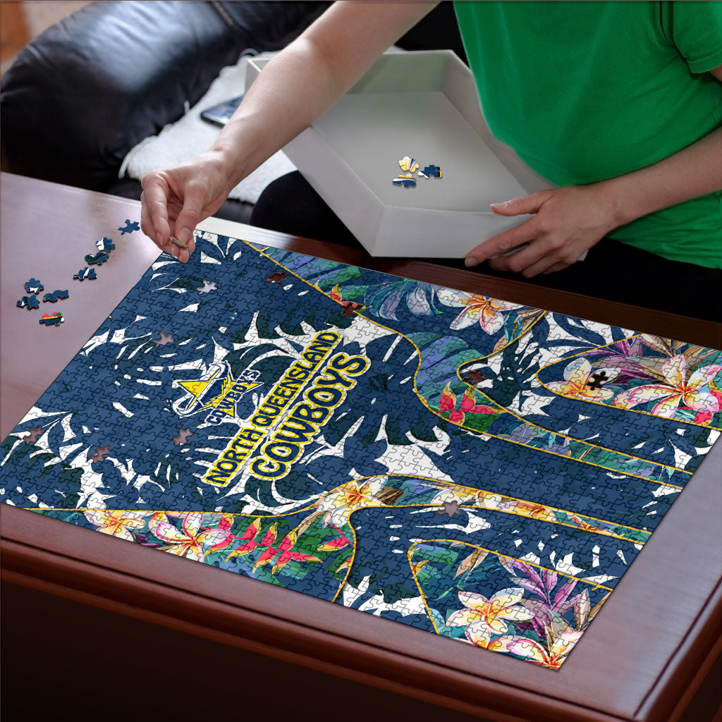 North Queensland Cowboys Puzzle Tropical Hibiscus Floral Pattern With Blue And Yellow Accents