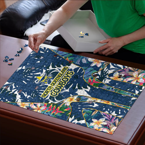 North Queensland Cowboys Puzzle Tropical Hibiscus Floral Pattern With Blue And Yellow Accents
