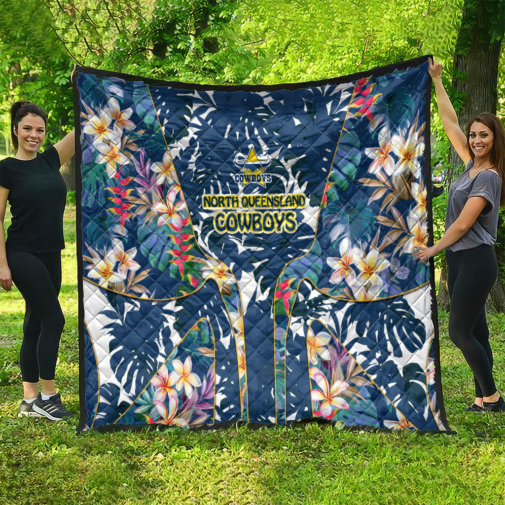 North Queensland Cowboys Quilt Tropical Hibiscus Floral Pattern With Blue And Yellow Accents