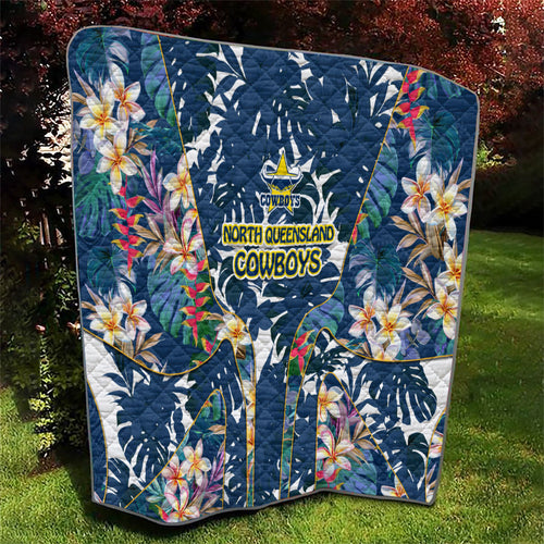 North Queensland Cowboys Quilt Tropical Hibiscus Floral Pattern With Blue And Yellow Accents
