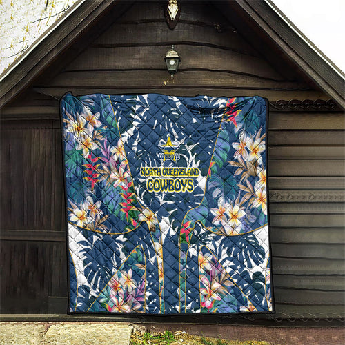 North Queensland Cowboys Quilt Tropical Hibiscus Floral Pattern With Blue And Yellow Accents