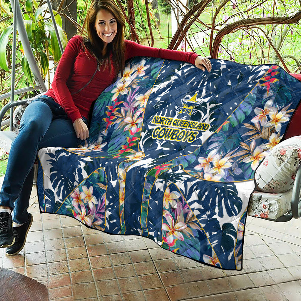 North Queensland Cowboys Quilt Tropical Hibiscus Floral Pattern With Blue And Yellow Accents