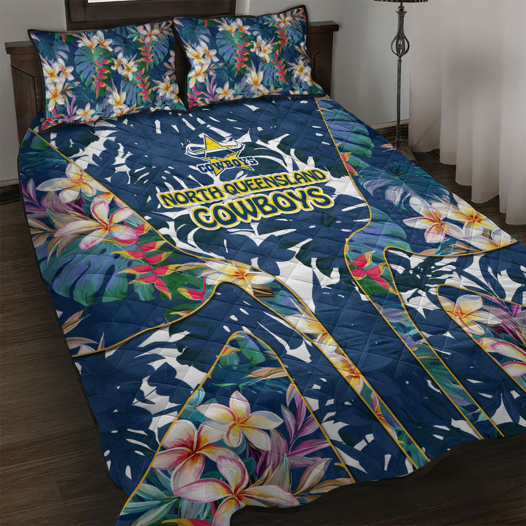 North Queensland Cowboys Quilt Bed Set Tropical Hibiscus Floral Pattern With Blue And Yellow Accents
