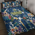 North Queensland Cowboys Quilt Bed Set Tropical Hibiscus Floral Pattern With Blue And Yellow Accents