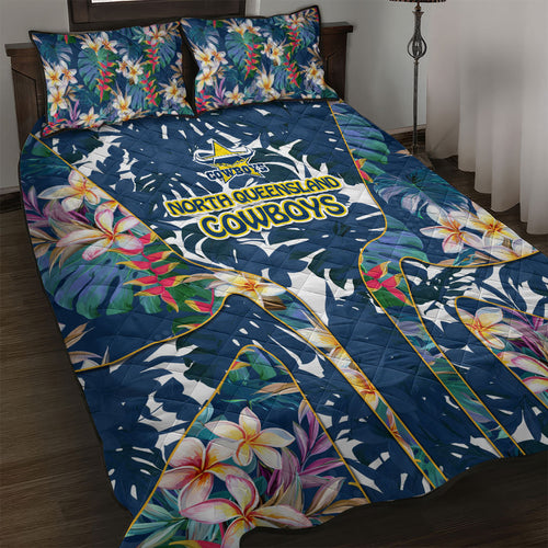 North Queensland Cowboys Quilt Bed Set Tropical Hibiscus Floral Pattern With Blue And Yellow Accents