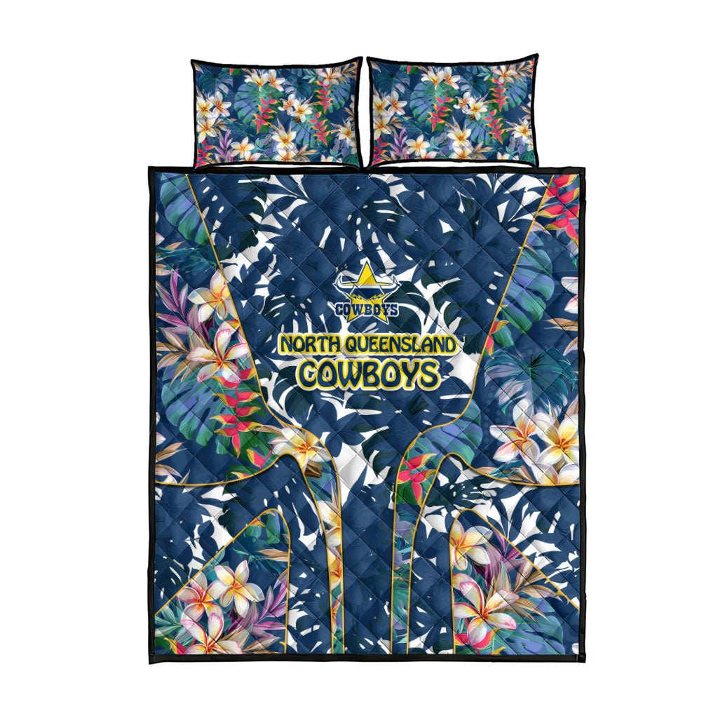 North Queensland Cowboys Quilt Bed Set Tropical Hibiscus Floral Pattern With Blue And Yellow Accents