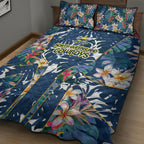 North Queensland Cowboys Quilt Bed Set Tropical Hibiscus Floral Pattern With Blue And Yellow Accents