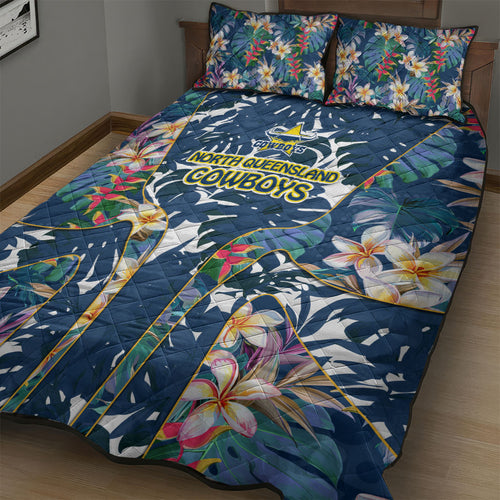 North Queensland Cowboys Quilt Bed Set Tropical Hibiscus Floral Pattern With Blue And Yellow Accents