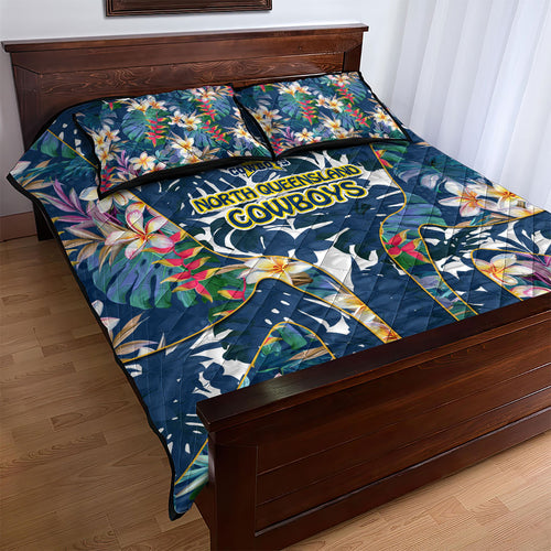 North Queensland Cowboys Quilt Bed Set Tropical Hibiscus Floral Pattern With Blue And Yellow Accents