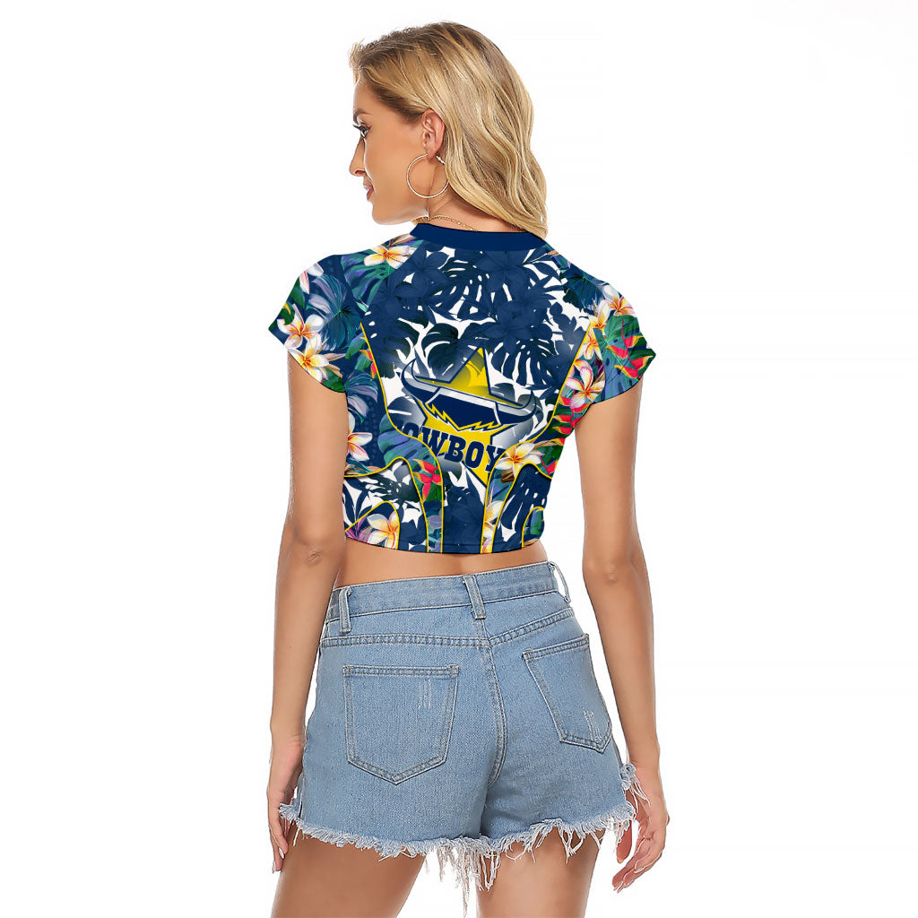 North Queensland Cowboys Raglan Cropped T Shirt Tropical Hibiscus Floral Pattern With Blue And Yellow Accents