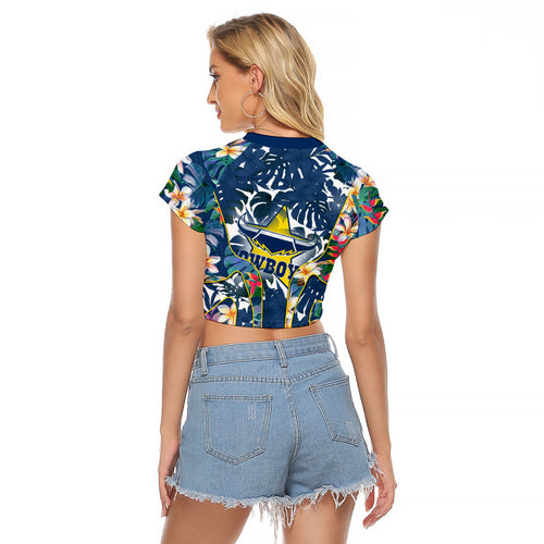 North Queensland Cowboys Raglan Cropped T Shirt Tropical Hibiscus Floral Pattern With Blue And Yellow Accents