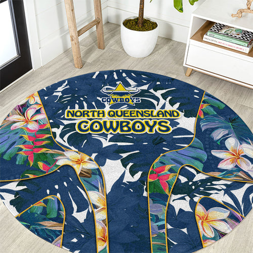 North Queensland Cowboys Round Carpet Tropical Hibiscus Floral Pattern With Blue And Yellow Accents