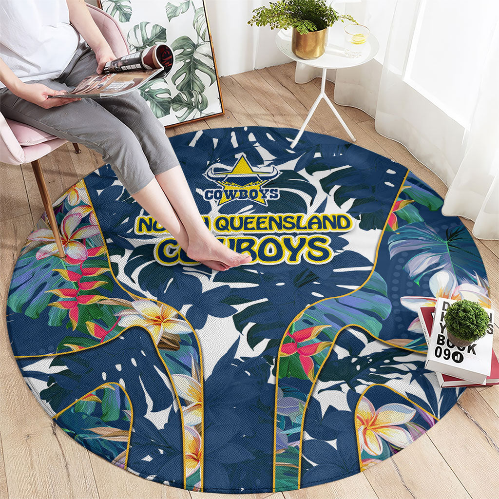 North Queensland Cowboys Round Carpet Tropical Hibiscus Floral Pattern With Blue And Yellow Accents