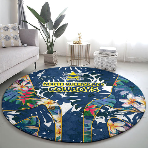North Queensland Cowboys Round Carpet Tropical Hibiscus Floral Pattern With Blue And Yellow Accents