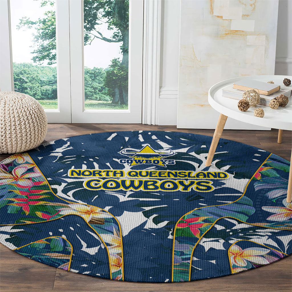 North Queensland Cowboys Round Carpet Tropical Hibiscus Floral Pattern With Blue And Yellow Accents