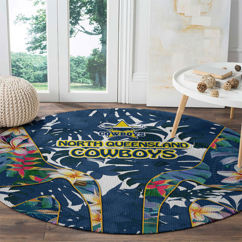 North Queensland Cowboys Round Carpet Tropical Hibiscus Floral Pattern With Blue And Yellow Accents