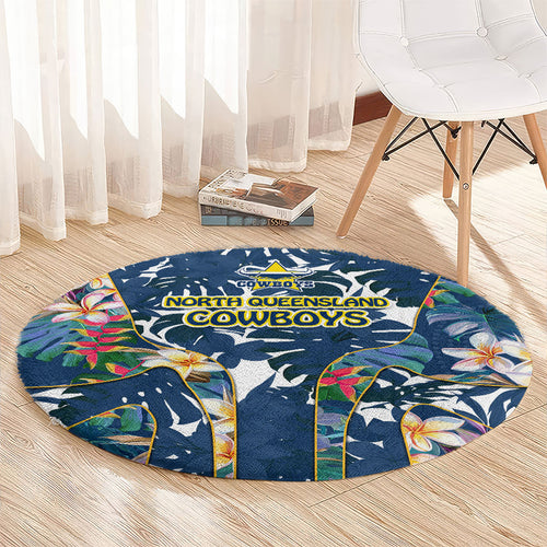 North Queensland Cowboys Round Carpet Tropical Hibiscus Floral Pattern With Blue And Yellow Accents