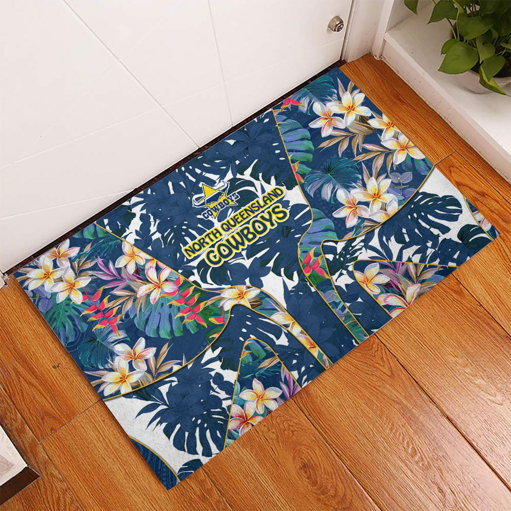 North Queensland Cowboys Rubber Doormat Tropical Hibiscus Floral Pattern With Blue And Yellow Accents