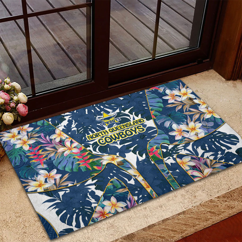 North Queensland Cowboys Rubber Doormat Tropical Hibiscus Floral Pattern With Blue And Yellow Accents