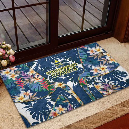 North Queensland Cowboys Rubber Doormat Tropical Hibiscus Floral Pattern With Blue And Yellow Accents
