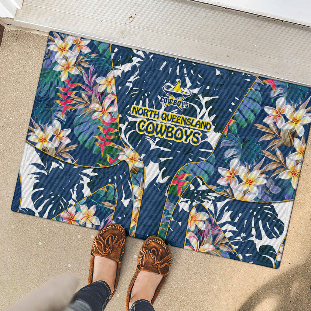 North Queensland Cowboys Rubber Doormat Tropical Hibiscus Floral Pattern With Blue And Yellow Accents