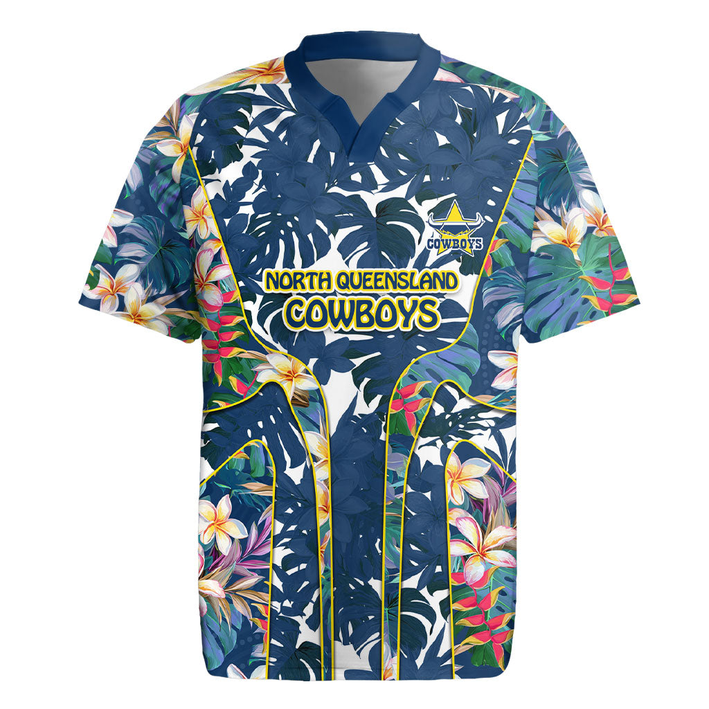 North Queensland Cowboys Rugby Jersey Tropical Hibiscus Floral Pattern With Blue And Yellow Accents