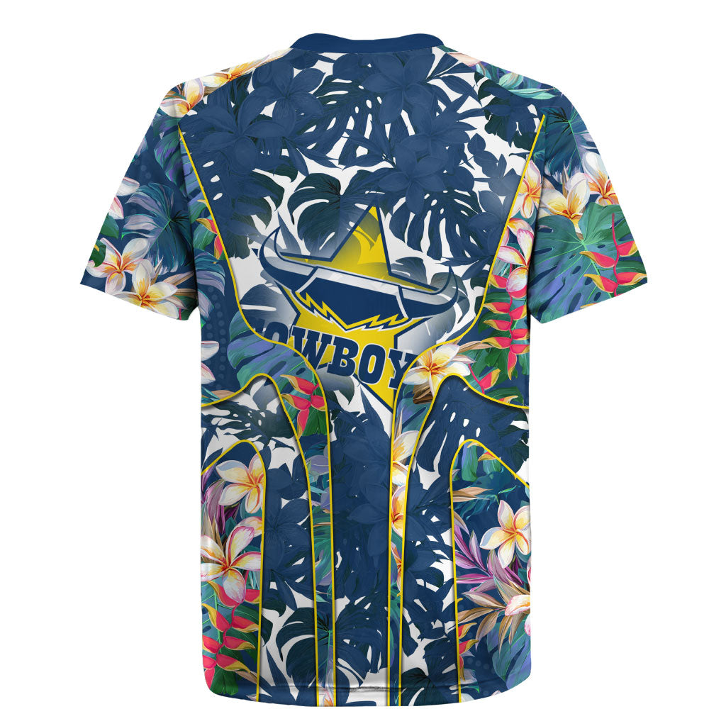 North Queensland Cowboys Rugby Jersey Tropical Hibiscus Floral Pattern With Blue And Yellow Accents