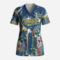 North Queensland Cowboys Scrub Top Tropical Hibiscus Floral Pattern With Blue And Yellow Accents