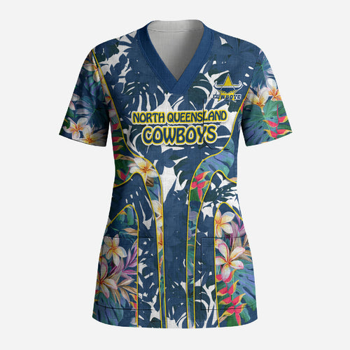 North Queensland Cowboys Scrub Top Tropical Hibiscus Floral Pattern With Blue And Yellow Accents