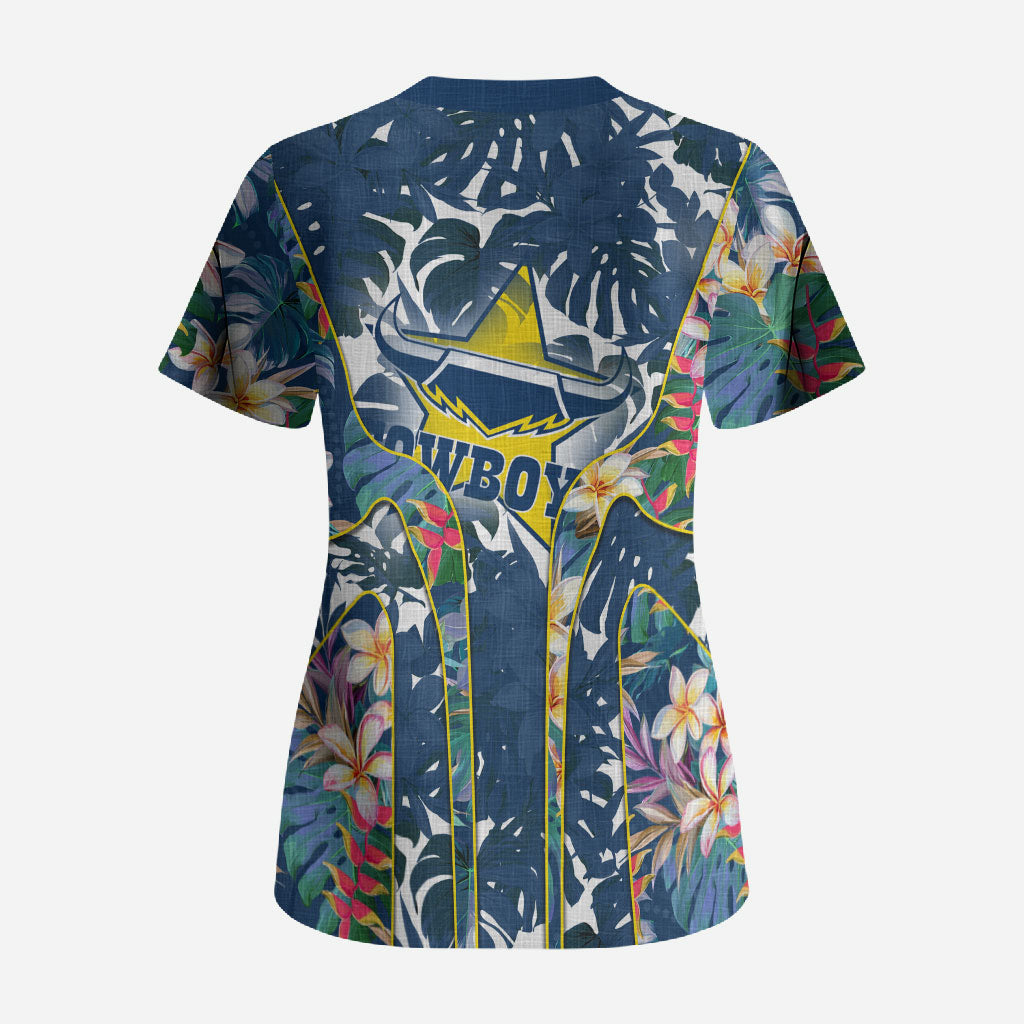 North Queensland Cowboys Scrub Top Tropical Hibiscus Floral Pattern With Blue And Yellow Accents